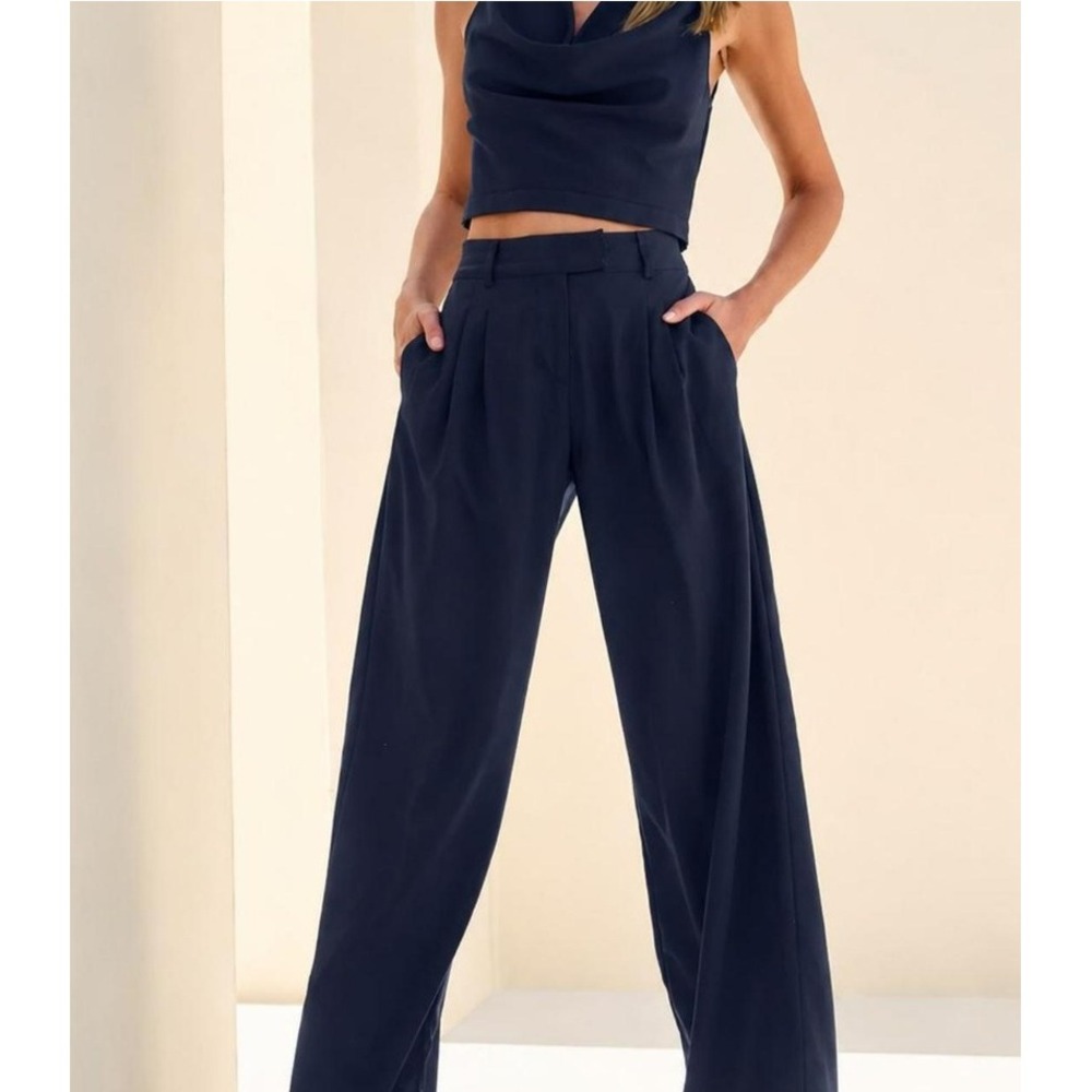 VENUS Womens Navy Blue 2 Piece Pant Set Cowl Neck Top Wide Leg Pants Size 10